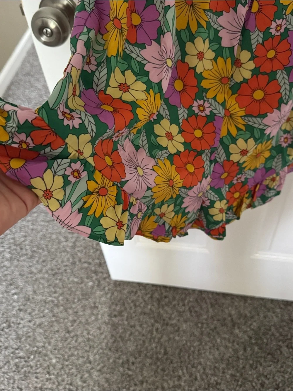Umgee Green Floral Ruffle Romper with Pink Yellow Orange Blossoms - Picture 3 of 4